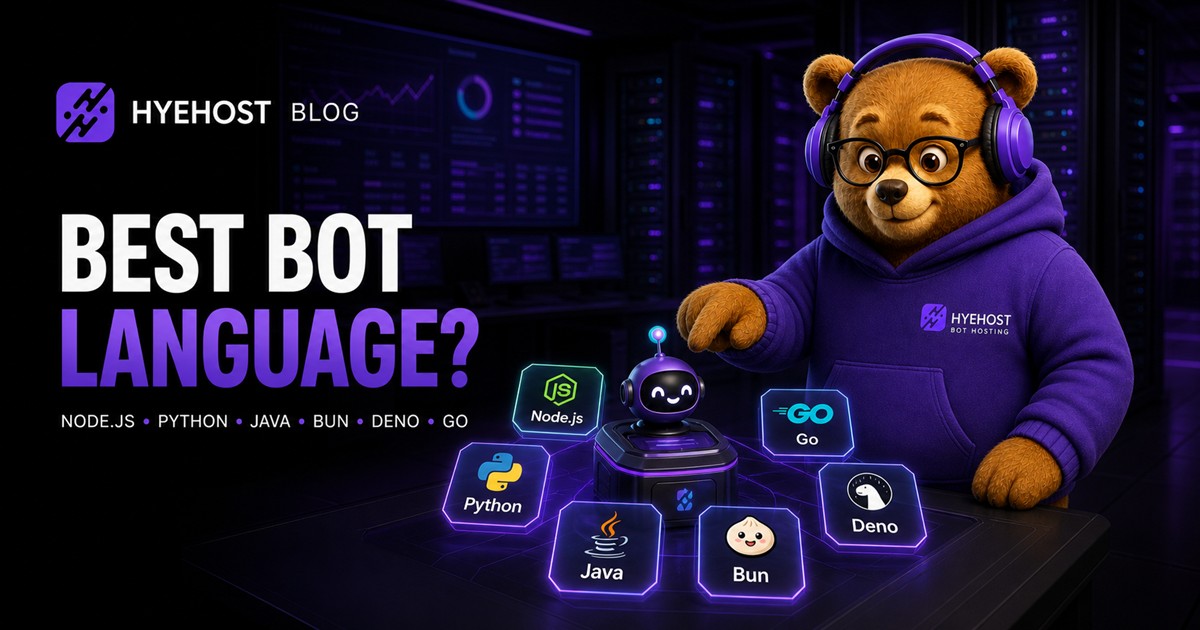 HYEHOST mascot comparing Node.js, Python, Java, Bun, Deno and Go for Discord bot hosting