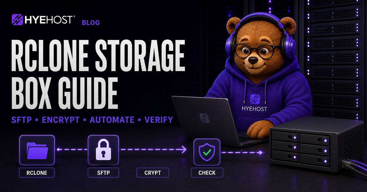HYEHOST mascot using rclone to send encrypted SFTP backups to a Storage Box